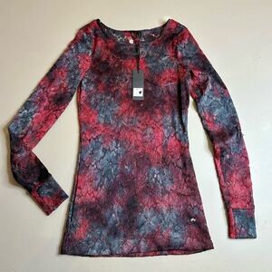 NWT BKE Boutique Lace Long Sleeve Top Size L Red Black Sheer Stretch Buckle $34